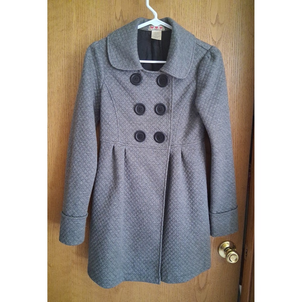 VTG Three Pink Hearts Trixxi Pea Coat Women's S Gray Waffle Quilted Big Buttons